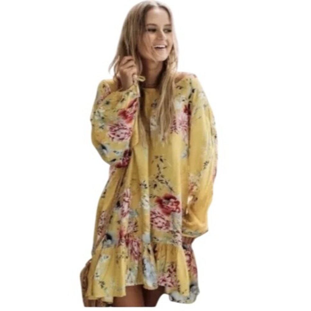 Jaase Maya Yellow Floral Print Mini DRess Split Sleeve Ruffle Hem Boho Chic S